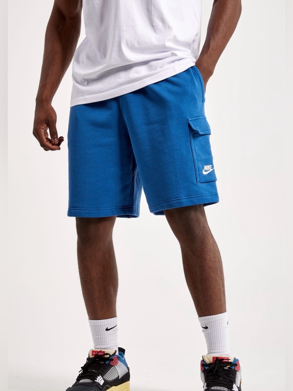Nike Sportswear Club Fleece Cargo Shorts Size Medium Blue Logo Drawstring